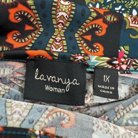 La Vanya Top Women 1X Multicolor Flare Sleeves Southwest Paisley Stretch Tunic - Picture 8 of 12